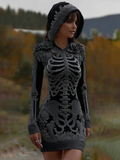 Comstylish Women's Vintage Halloween Skeleton Bones With Rose Art Cozy Knit Hooded Sweater Dress