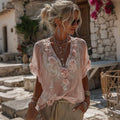 Women's Bohemian Retro Pink Floral Pattern Short-sleeve Top elevenforest