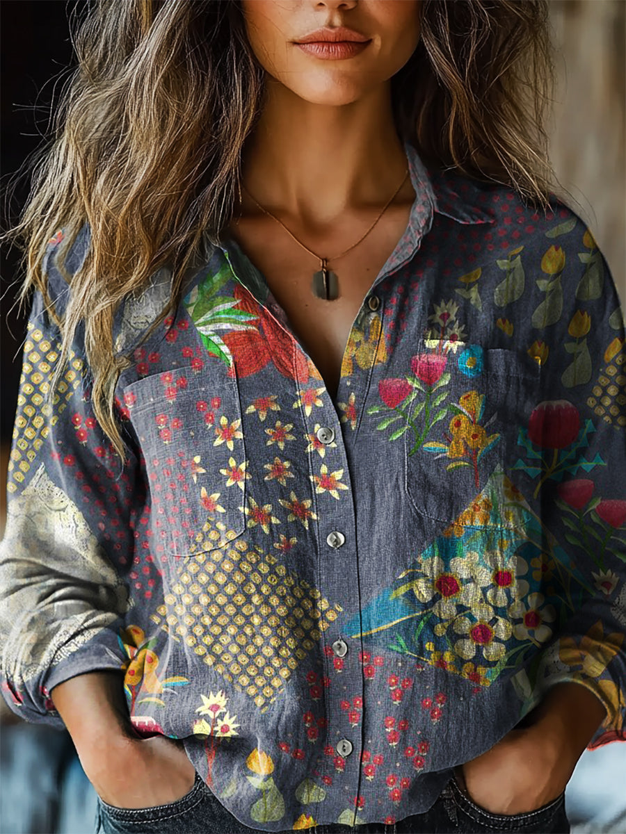 Women's Vintage Ethnic Floral Art Print Casual Long Sleeve Comfortable