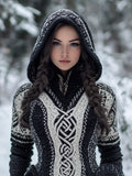 Women's Celtic Knot Jacquard Contrast Color Knit Hooded Sweater elevenforest