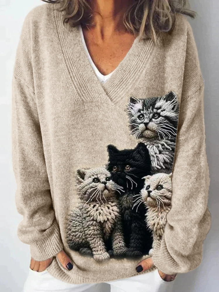 Fuzzy Cats Crochet Art V Neck Cozy Knit Sweater elevenforest