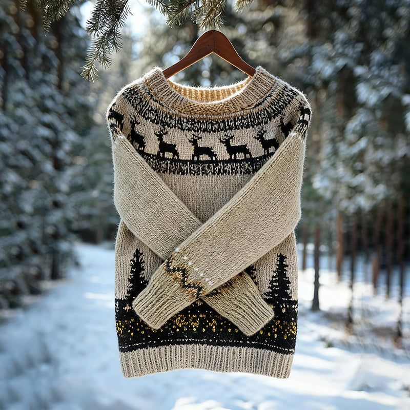 Comstylish Vintage Christmas Deer Art Icelandic Knit Jacquard Warmthcrew Neck Sweater（unisex）