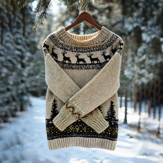 Comstylish Vintage Christmas Deer Art Icelandic Knit Jacquard Warmthcrew Neck Sweater（unisex）