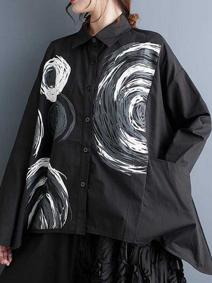 Long Sleeves Loose Asymmetric Printed Split-joint Lapel Blouses