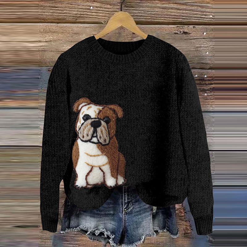Comstylish Cute English Bulldog Applique Embroidery Cozy Sweater