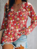 Women's Floral Art Print V-Neck Long Sleeve Top