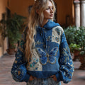 Comstylish Women's Bohemian Style Blue Patchwork Butterfly Embroidery Hooded Sweater