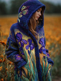 Purple Irises Felt Embroidered Cozy Knit Hooded Cardigan elevenforest