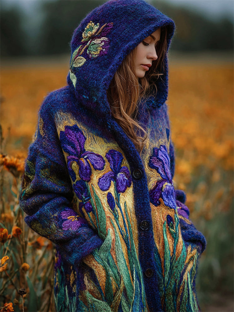 Purple Irises Felt Embroidered Cozy Knit Hooded Cardigan elevenforest
