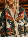 Japanese Art Style Crane Pattern Women's Sweater Cardigan elevenforest