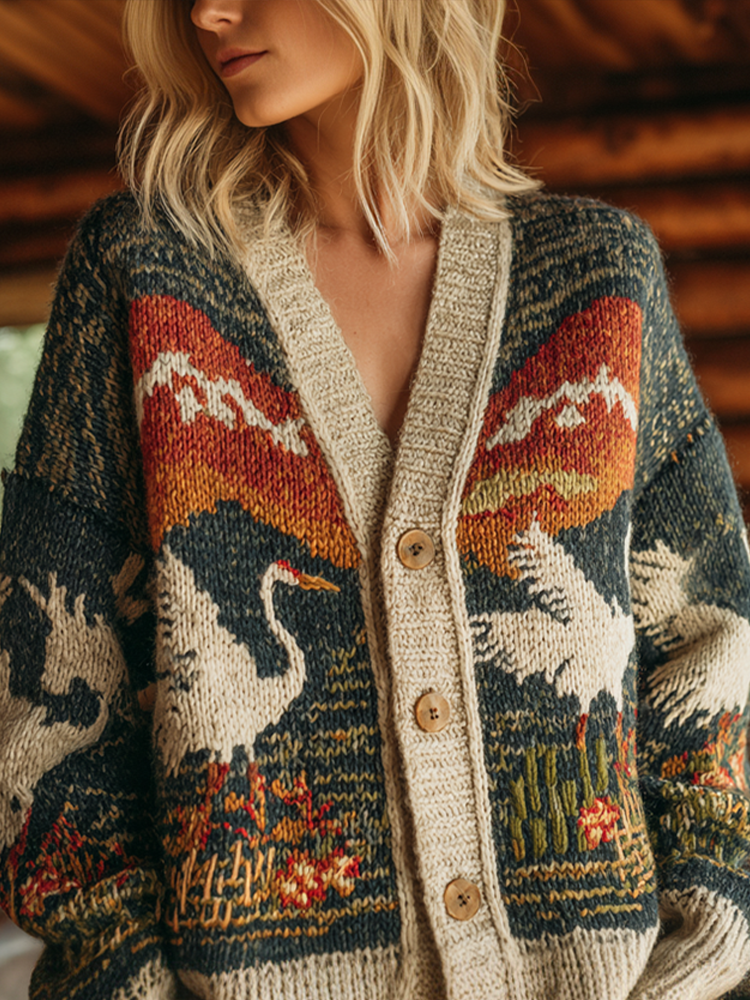 Japanese Art Style Crane Pattern Women's Sweater Cardigan elevenforest