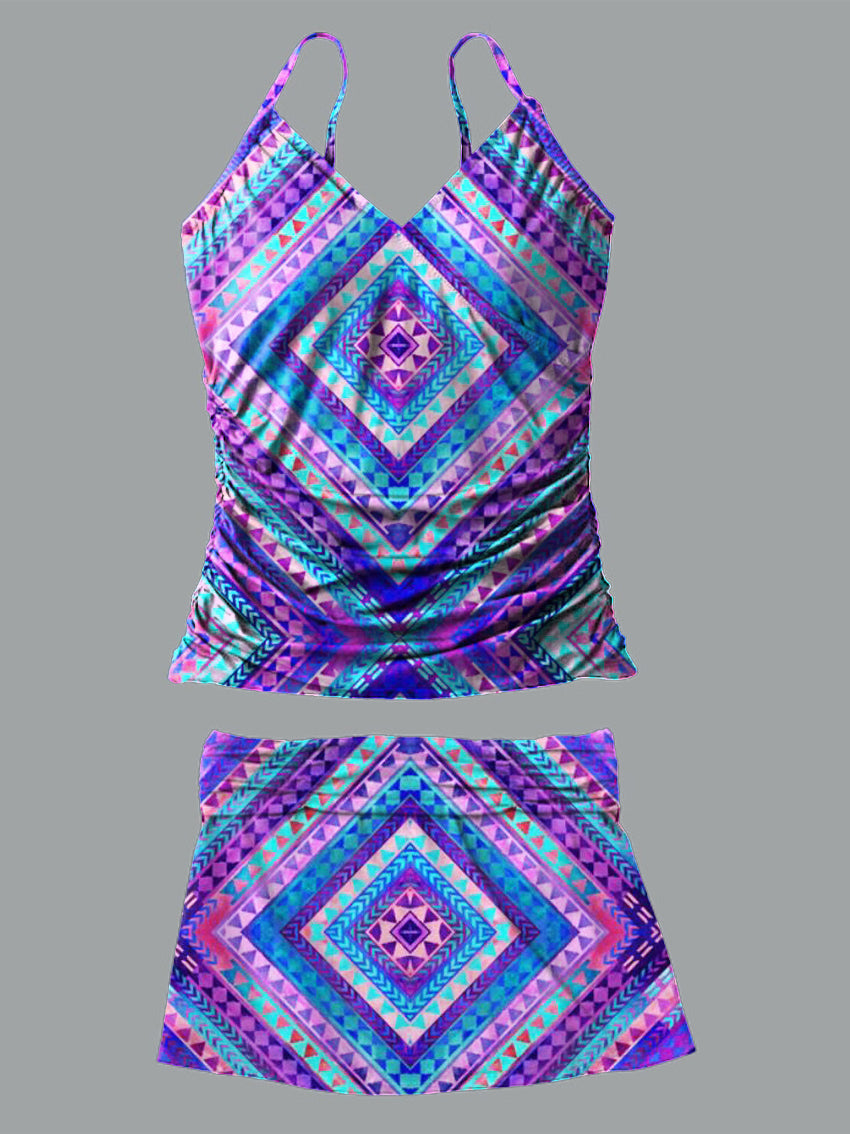 Purple Retro Diamond Pattern V-Neck Vintage Flowers Print Suspender Skirt Tankini Pantskirt Set Swimsuit