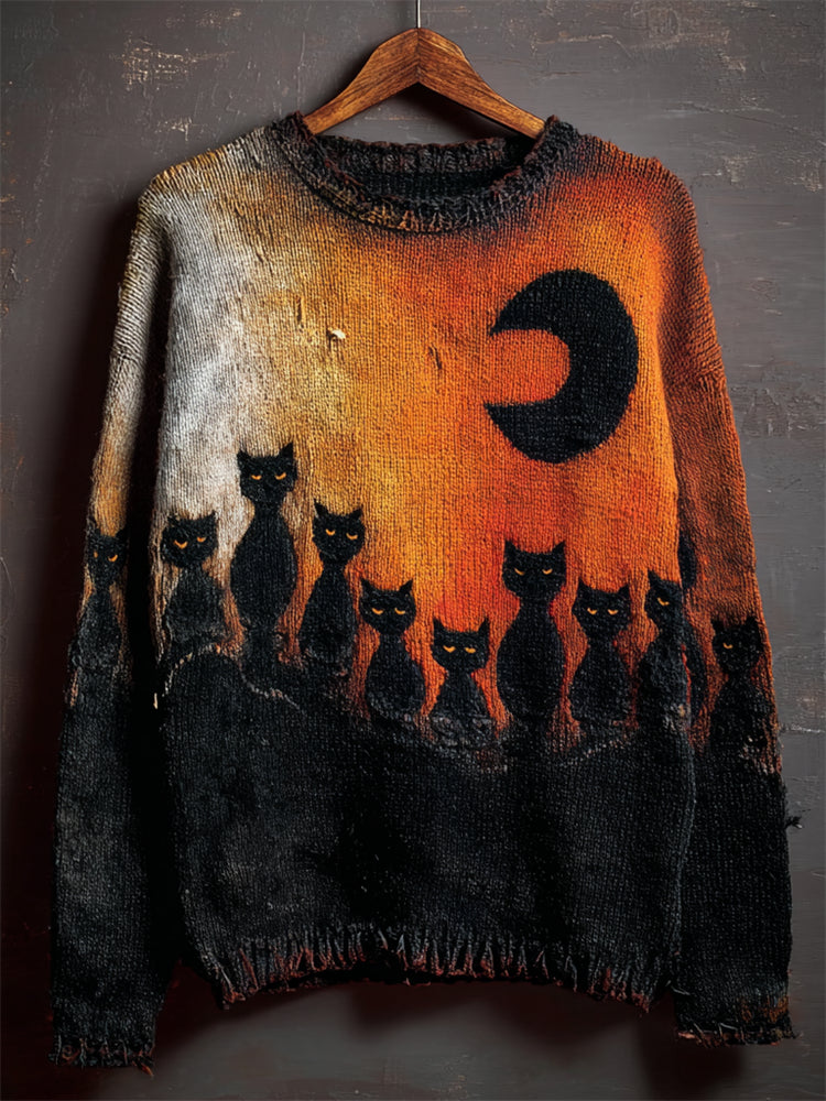 Comstylish Halloween Night Black Cats Contrast Cozy Knit Sweater