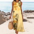 Women's Vintage Bee Print Crew Neck Linen Blend Midi Dress elevenforest