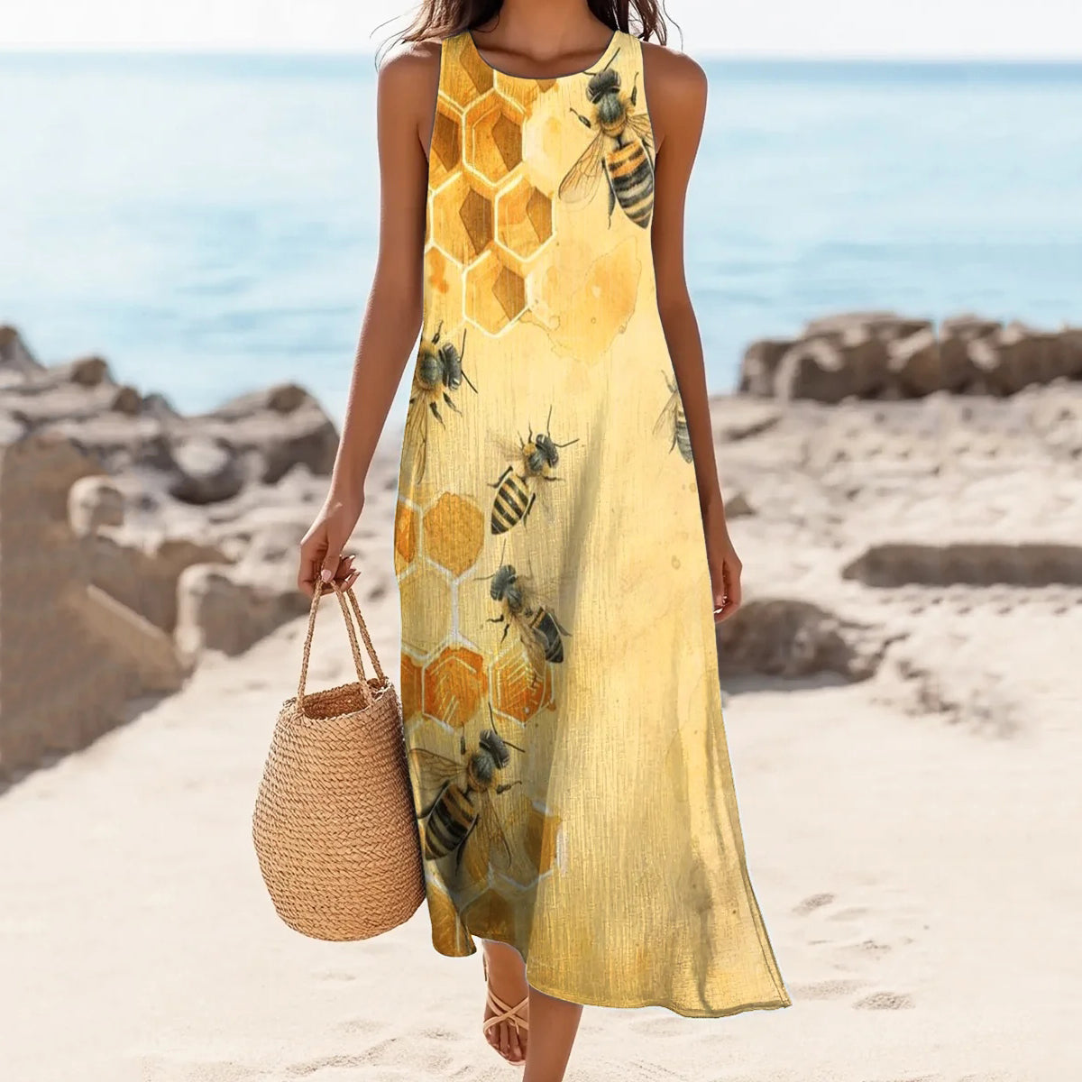 Women's Vintage Bee Print Crew Neck Linen Blend Midi Dress elevenforest
