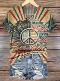 Women's Vintage Hippie Peace Love Print V Neck T-Shirt
