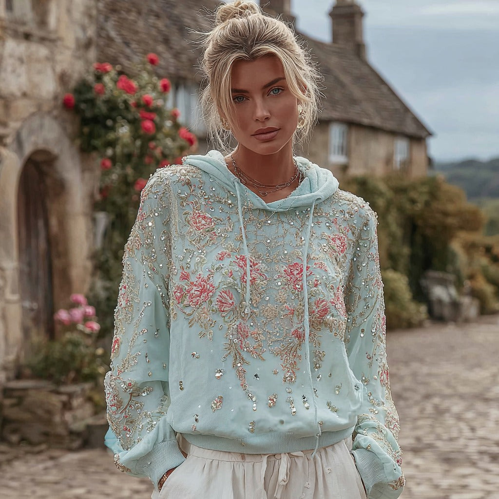 Women's Bohemian Floral Sequin Embroidered Hoodie elevenforest