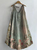 Women's Vintage Ethnic Floral Art Print V-neck Pocket Cotton Dress