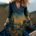Vintage Oil Painting Inspiration Embroidered Flowy V Neck Midi Dress