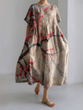 Retro Blossom Japanese Art Round Neck Short Sleeve Casual Midi Dress