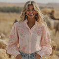 Women's Retro Pink Floral Pattern Long Sleeve Shirt elevenforest