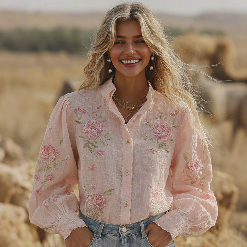 Women's Retro Pink Floral Pattern Long Sleeve Shirt elevenforest