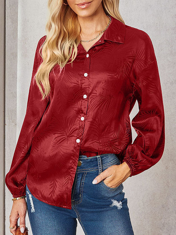 Loose Puff Sleeves Jacquard Split-joint Lapel Blouses