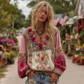 Women's Vintage Bohemian Floral And Rose Patchwork Linen V Neck Shirt elevenforest