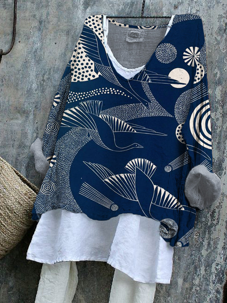 Japanese Crane Geometric Pattern Women's Linen Shirt elevenforest