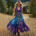 Vintage Purple And Blue Lavender Patchwork And Floral Embroidered Art Linen Sleeveless V Neck Maxi Dress elevenforest