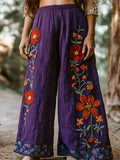 Bohemian Holiday Style Linen Bohemian Floral Print Linen Long Loose Wide-leg Pants elevenforest