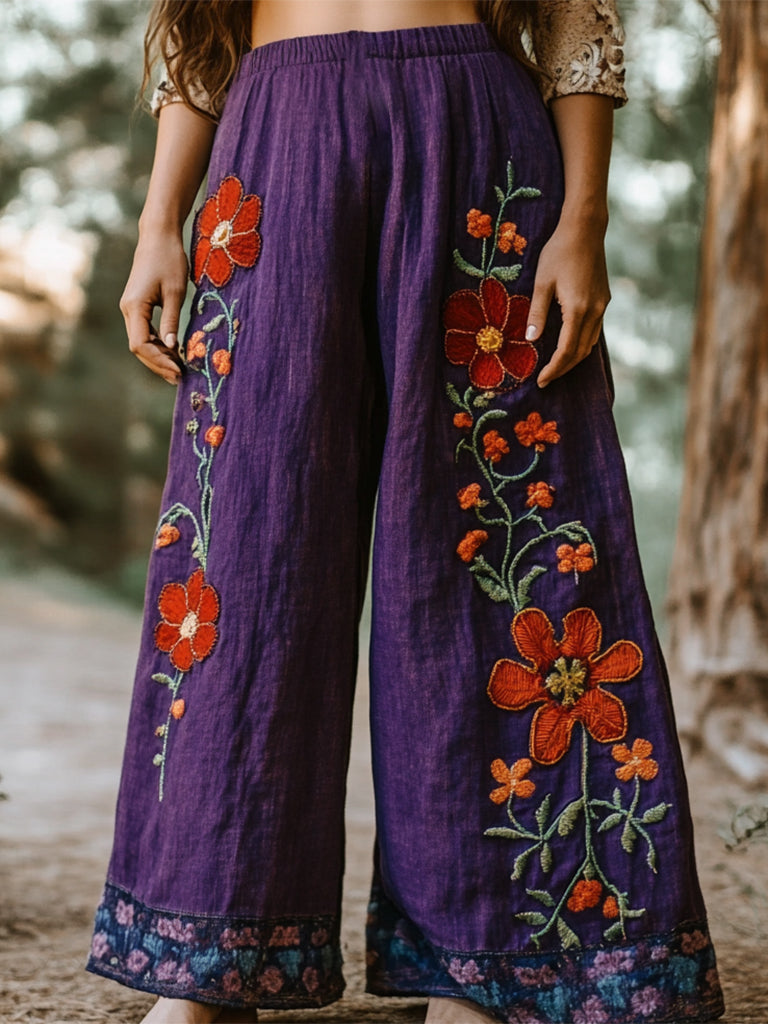 Bohemian Holiday Style Linen Bohemian Floral Print Linen Long Loose Wide-leg Pants elevenforest