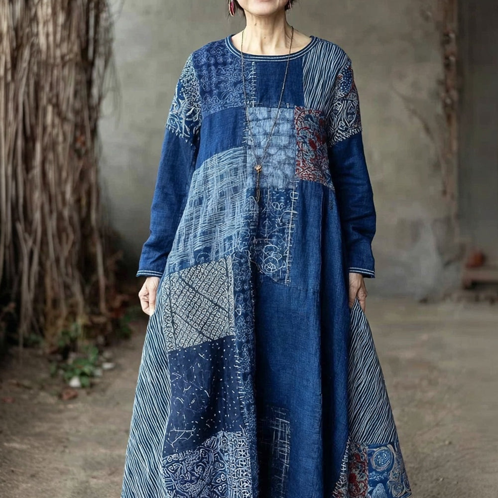 Comstylish Vintage Japanese Sashiko Art Comfy Linen Maxi Dress