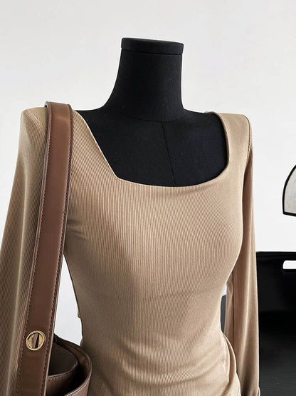 Long-sleeved Square-neck T-shirt ’s Slim-fit Exposed Collarbone Low-neck Short Top Bottoming Shirt
