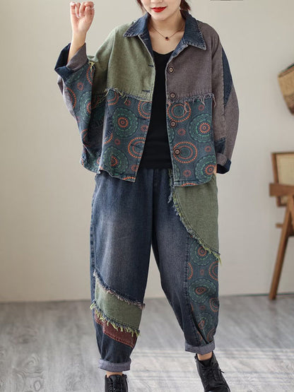 Contrast Color Fringed Split-joint Long Sleeves Printed Outwear + Harem Pants Two Pieces Set
