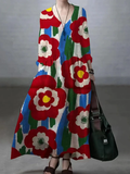 Casual Japanese Art Flowers Print V-Neck Long Sleeve Midi Dress