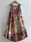 Women's Vintage Ethnic Floral Art Print V-neck Pocket Cotton Dress