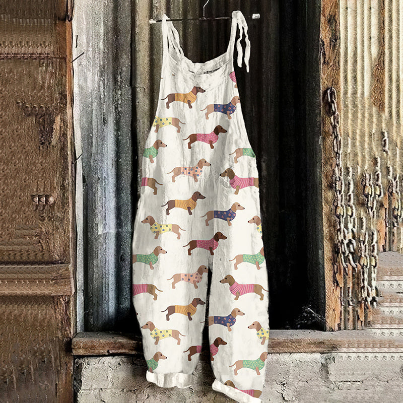 Women's Vintage Dachshund Casual Linen Jumpsuit elevenforest