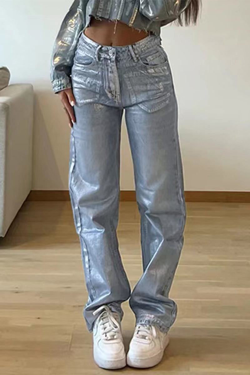 Street Bronzing Contrast High Waist Loose Denim Jeans
