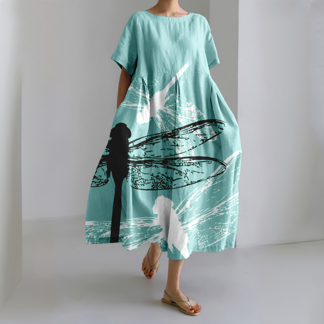 Japanese Dragonfly Art Linen Blend Casual Dress elevenforest