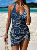 Spray Water Ripples Print Pleated Drawstring V-neck Tankini Pantskirt Set Swimsuit