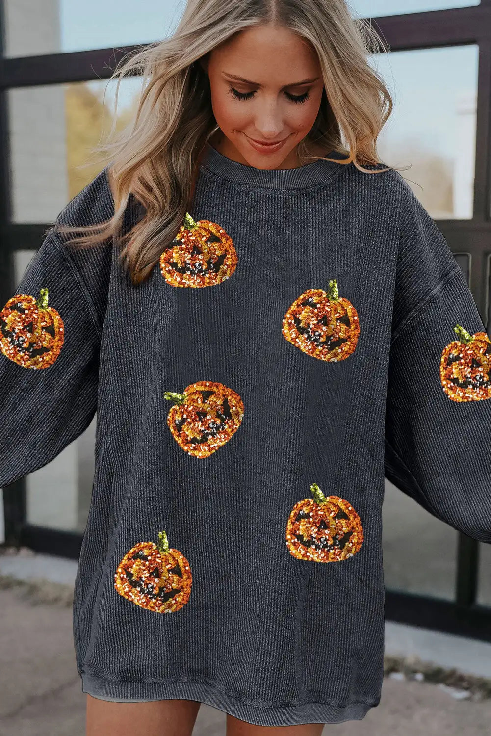 Glittering Dark Grey Pumpkin Corded Sweatshirt