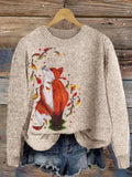 Fox & Falling Leaves Embroidery Art Cozy Knit Sweater artswardrobe