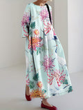 Japanese Art Crane Chrysanthemum Print Casual Midi Dress