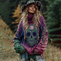Women's Viking Tribal Jacquard Celtic With Rose And Skull Inspired Chunky Knit Turtleneck Sweater elevenforest