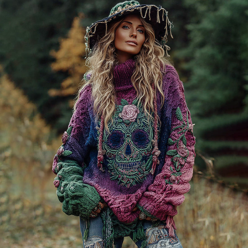 Women's Viking Tribal Jacquard Celtic With Rose And Skull Inspired Chunky Knit Turtleneck Sweater elevenforest