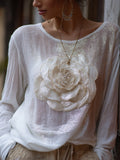 Elegant Glitter White Rose Embroidered Cozy Linen Tunic elevenforest