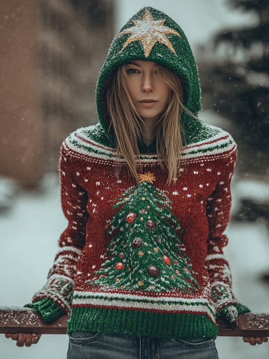 Women's Christmas Snowy Christmas Tree Red Green Contrast Hooded Sweater artswardrobe