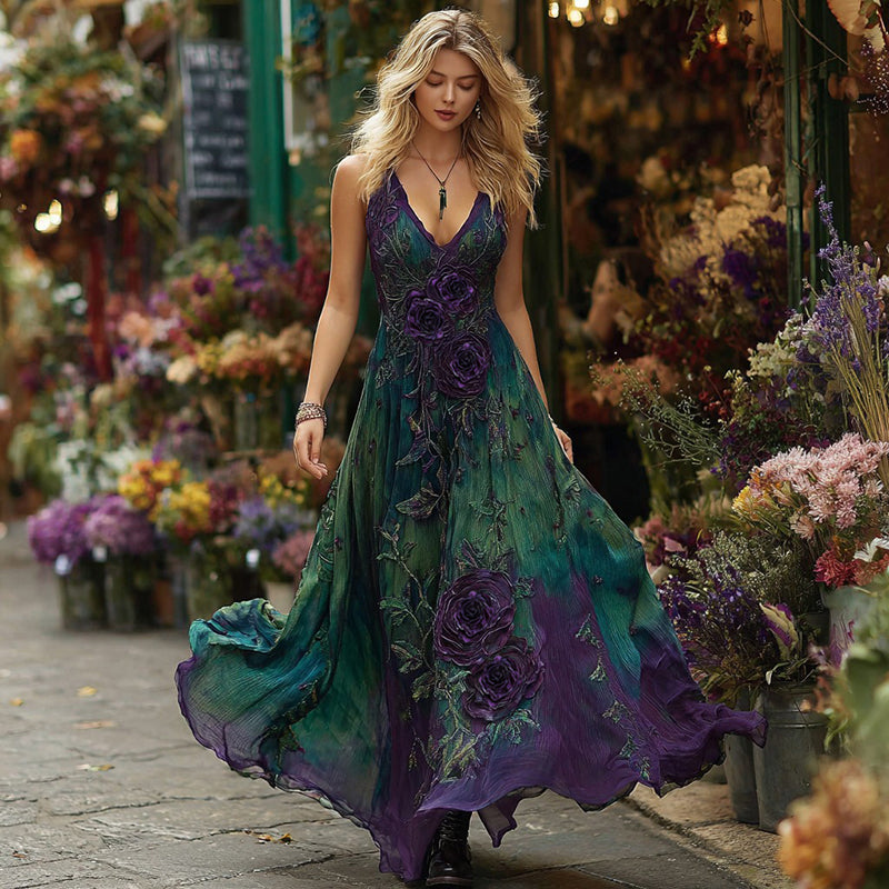 Vintage Purple Floral Embroidered Gradient Art Linen Sleeveless Maxi Dress elevenforest