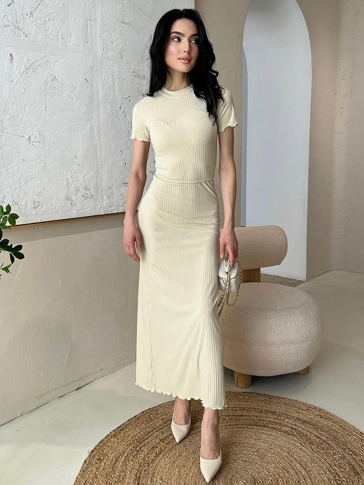 Tossy Ribbed Knit Long Dress for Slim Short Sleeve Ruffled High Waist Patchwork Gown Knitwear Maxi Dress